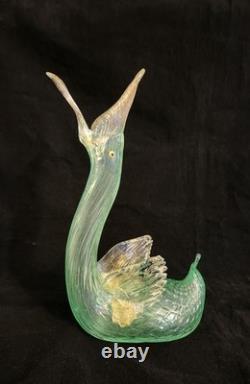 Murano Swan Vase Sculpture With Gold Aventurine Hand Blown 11 Tall Art Glass