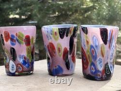 Murano Tumblers Set Of 3 Blown Murrine Glass Cups Gorgeous Silver Fleck