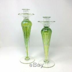 Murano VTG Green Iridescent Glass Candle Sticks Controlled Bubbles 13 and 11