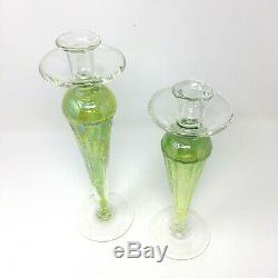 Murano VTG Green Iridescent Glass Candle Sticks Controlled Bubbles 13 and 11