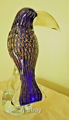 Murano Venetian Art Glass Parrot Hand blown Sculpture Blue Gold fleck Toucan 11