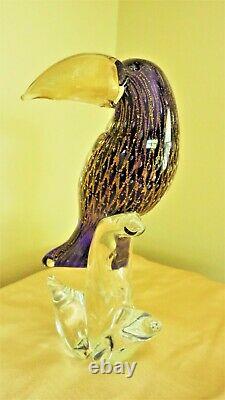 Murano Venetian Art Glass Parrot Hand blown Sculpture Blue Gold fleck Toucan 11