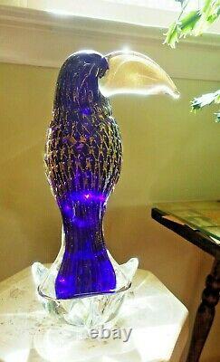 Murano Venetian Art Glass Parrot Hand blown Sculpture Blue Gold fleck Toucan 11