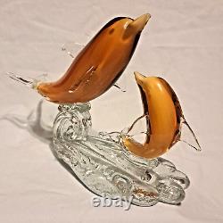 Murano Venetian Blown Art Glass Figurine 2 Gold Dolphins Playing On Wave 10