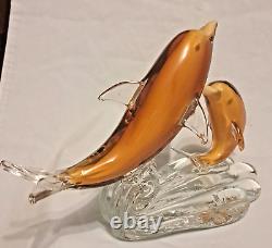 Murano Venetian Blown Art Glass Figurine 2 Gold Dolphins Playing On Wave 10