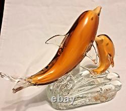 Murano Venetian Blown Art Glass Figurine 2 Gold Dolphins Playing On Wave 10