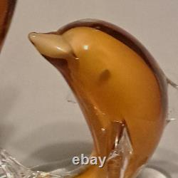 Murano Venetian Blown Art Glass Figurine 2 Gold Dolphins Playing On Wave 10