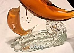 Murano Venetian Blown Art Glass Figurine 2 Gold Dolphins Playing On Wave 10