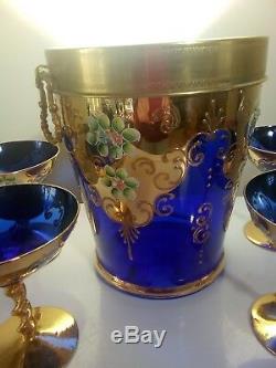 Murano Venetian Enamelled Gilt Champagne ice bucket and four glasses cobalt blue