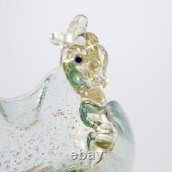 Murano Venetian Hand Blown Art Glass Green Fish Gold Mini Compote Dish Bowl