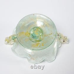 Murano Venetian Hand Blown Art Glass Green Fish Gold Mini Compote Dish Bowl
