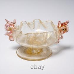Murano Venetian Hand Blown Art Glass Pink Fish Gold Mini Compote Dish Bowl 2pc