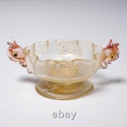 Murano Venetian Hand Blown Art Glass Pink Fish Gold Mini Compote Dish Bowl 2pc