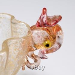 Murano Venetian Hand Blown Art Glass Pink Fish Gold Mini Compote Dish Bowl 2pc