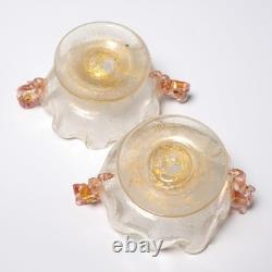 Murano Venetian Hand Blown Art Glass Pink Fish Gold Mini Compote Dish Bowl 2pc