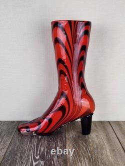 Murano Venetian Hand Blown Glass Boot Vase Red Black Swirl Art Glass Collectible