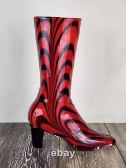 Murano Venetian Hand Blown Glass Boot Vase Red Black Swirl Art Glass Collectible