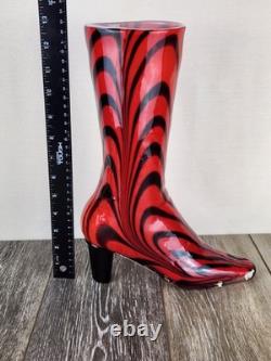 Murano Venetian Hand Blown Glass Boot Vase Red Black Swirl Art Glass Collectible
