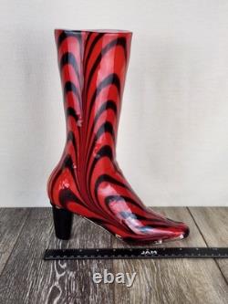 Murano Venetian Hand Blown Glass Boot Vase Red Black Swirl Art Glass Collectible