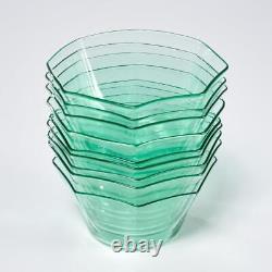 Murano Venetian Hand Blown Octagonal Green Glass Dessert Bowls Saucers 10pc