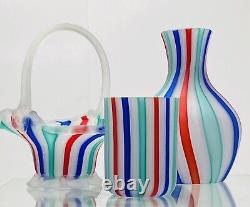 Murano Venetian Latticino Ribbon Satin MCM Hand Blown Glass Basket Vase Tumbler