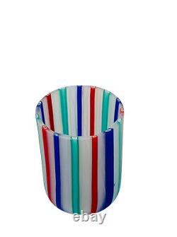 Murano Venetian Latticino Ribbon Satin MCM Hand Blown Glass Basket Vase Tumbler