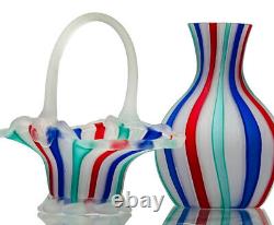 Murano Venetian Latticino Ribbon Satin MCM Hand Blown Glass Basket Vase Tumbler