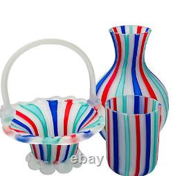 Murano Venetian Latticino Ribbon Satin MCM Hand Blown Glass Basket Vase Tumbler