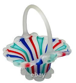 Murano Venetian Latticino Ribbon Satin MCM Hand Blown Glass Basket Vase Tumbler