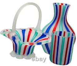 Murano Venetian Latticino Ribbon Satin MCM Hand Blown Glass Basket Vase Tumbler