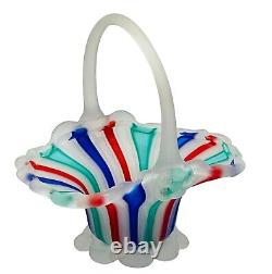 Murano Venetian Latticino Ribbon Satin MCM Hand Blown Glass Basket Vase Tumbler