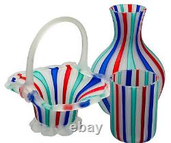 Murano Venetian Latticino Ribbon Satin MCM Hand Blown Glass Basket Vase Tumbler