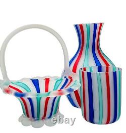 Murano Venetian Latticino Ribbon Satin MCM Hand Blown Glass Basket Vase Tumbler