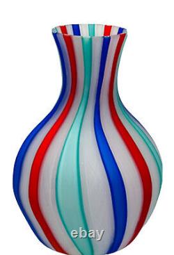 Murano Venetian Latticino Ribbon Satin MCM Hand Blown Glass Basket Vase Tumbler