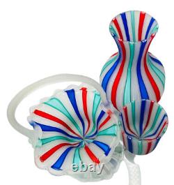 Murano Venetian Latticino Ribbon Satin MCM Hand Blown Glass Basket Vase Tumbler