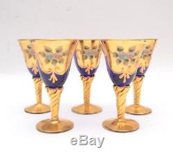 Murano Venetian Mid Century Italian Hand Blown Blue and 24k Gold Wine Glasses