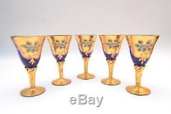 Murano Venetian Mid Century Italian Hand Blown Blue and 24k Gold Wine Glasses