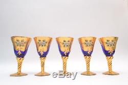 Murano Venetian Mid Century Italian Hand Blown Blue and 24k Gold Wine Glasses