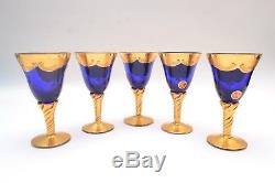 Murano Venetian Mid Century Italian Hand Blown Blue and 24k Gold Wine Glasses