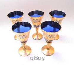 Murano Venetian Mid Century Italian Hand Blown Blue and 24k Gold Wine Glasses