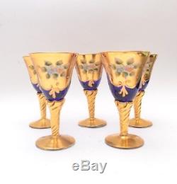 Murano Venetian Mid Century Italian Hand Blown Blue and 24k Gold Wine Glasses