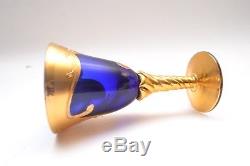 Murano Venetian Mid Century Italian Hand Blown Blue and 24k Gold Wine Glasses