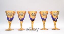 Murano Venetian Mid Century Italian Hand Blown Blue and 24k Gold Wine Glasses