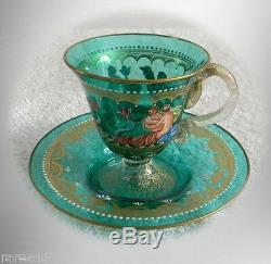 Murano Venetian art glass cup and saucer victorian scenes and gold