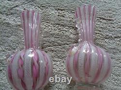 Murano Venetian hand blown Latticino two vases square dish pink white clear ribb