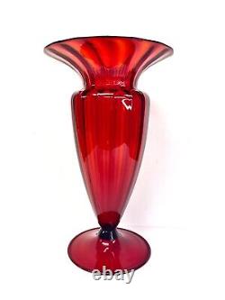 Murano Venitian Italian Art Glass Hand Blown Ribbed Red Ruby Glass Vase 12 1/2