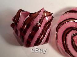 Murano Venitian Italian Hand Blown Glass Raspberry Pink Ribbon gold Bowl Dish