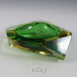 Murano Vintage Faceted Green & Amber Sommerso Glass Block Bowl