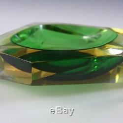 Murano Vintage Faceted Green & Amber Sommerso Glass Block Bowl