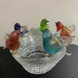 Murano Vintage Glass 5 Five Removable Birds in Nest with brass fittings Italy